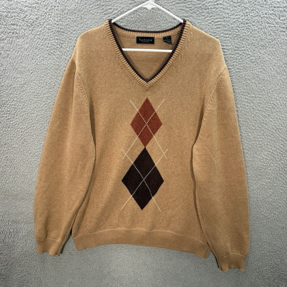 Van Heusen Sweater Adult Large Brown Argyle Diamond V Neck Pullover Casual Mens